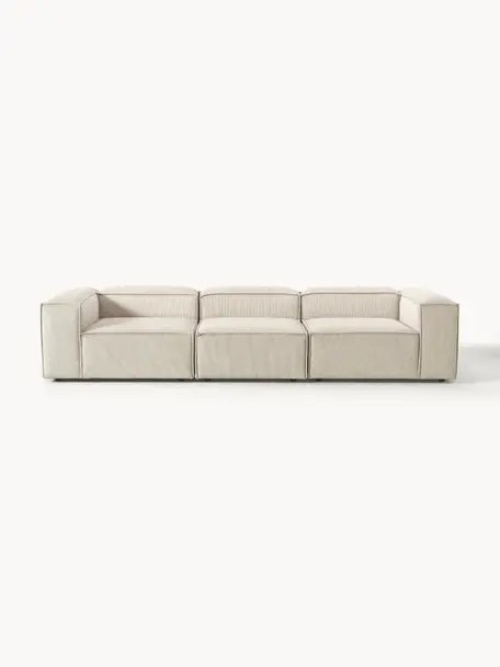 Modulares Sofa Lennon (4-Sitzer) aus Cord, Bezug: Cord (92 % Polyester, 8 %, Gestell: Massives Kiefernholz, Spe, Füße: Kunststoff Dieses Produkt, Cord Hellbeige, B 327 x T 119 cm