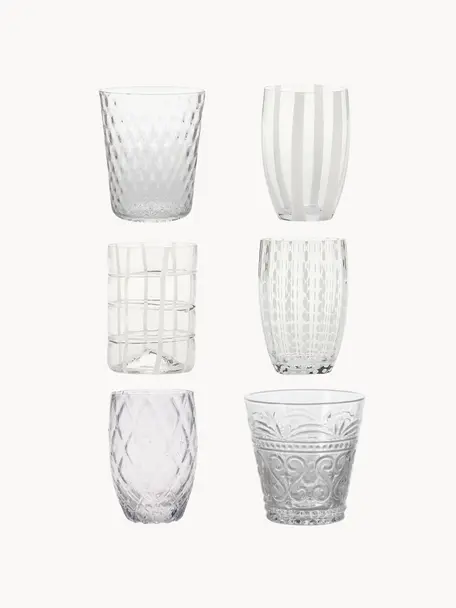 Handgefertigte Wassergläser Melting, 6er-Set, Glas, Weiß, transparent, Set mit verschiedenen Größen
