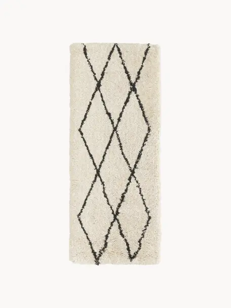 Ručně tkaný načechraný běhoun s vysokým vlasem Naima, Béžová, černá, Š 80 cm, D 200 cm