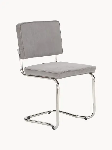 Chaise cantilever en velours côtelé Kink, Velours côtelé gris clair, cadre chrome, larg. 48 x prof. 48 cm