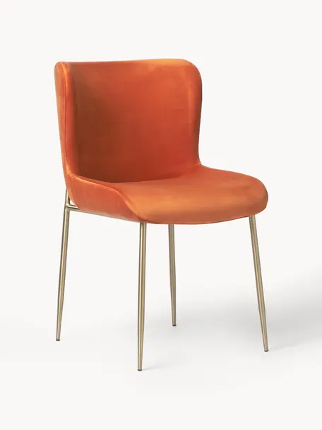 Krzesło tapicerowane z aksamitu Tess, Tapicerka: aksamit (poliester) Dzięk, Nogi: metal malowany proszkowo, Pomarańczowy aksamit, odcienie złotego, S 49 x W 84 cm