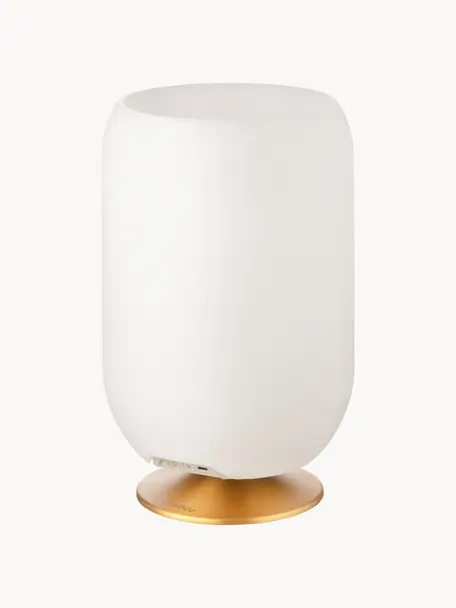 Lampada da tavolo LED con luce regolabile, altoparlante e glacette Bluetooth Atmos, Paralume: polietilene, Struttura: metallo rivestito, Bianco, dorato, Ø 22 x Alt. 37 cm