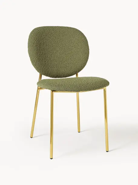 Chaises rembourrées en tissu bouclé Ulrica, 2 pièces, Bouclé vert, pieds dorés, larg. 47 x prof. 61 cm