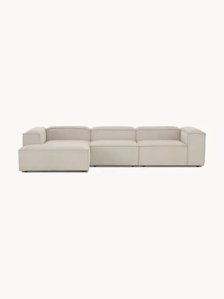 Sofá rinconera modular de pana Lennon, Tapizado: pana (92% poliéster, 8% p, Estructura: madera de pino maciza, ma, Patas: plástico Este producto es, Pana beige claro, An 327 x F 180 cm, chaise longue izquierda