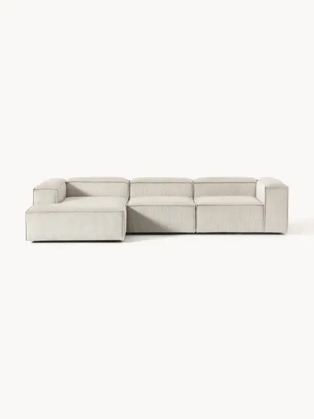 Modulares Ecksofa Lennon aus Cord, Bezug: Cord (92 % Polyester, 8 %, Gestell: Massives Kiefernholz, Spe, Cord Hellbeige, B 327 x T 180 cm, Eckteil links