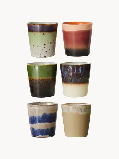 Tazas artesanales de cerámica esmaltada 70s, 6 uds., Cerámica, Multicolor, Ø 8 x Al 8 cm, 180 ml