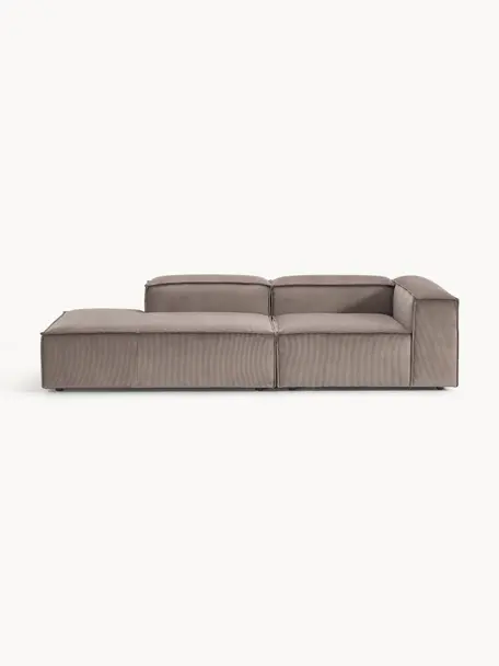 Chaise longue componibile in velluto a coste Lennon, Rivestimento: velluto a coste (92% poli, Rivestimento: schiuma con nucleo di mol, Struttura: legno di pino massiccio, , Piedini: plastica Questo prodotto , Velluto a coste taupe, Larg. 269 x Prof. 119 cm, schienale a destra