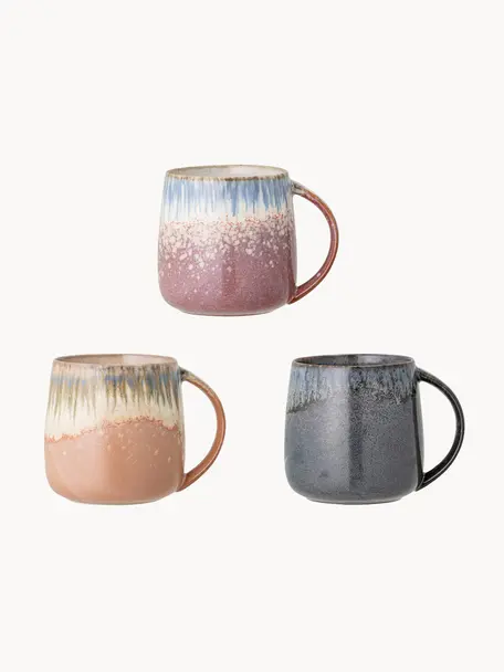 Set de tazas artesanales con esmalte reactivo Cloe, 3 uds., Gres, Multicolor, Ø 10 x Al 10 cm, 380 ml