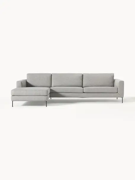 Divano angolare 4 posti Cucita, Rivestimento: tessuto (100% poliestere), Struttura: legno di pino massiccio, Piedini: metallo laccato Questo pr, Tessuto grigio, Larg. 302 x Prof. 163 cm, chaise longue a sinistra