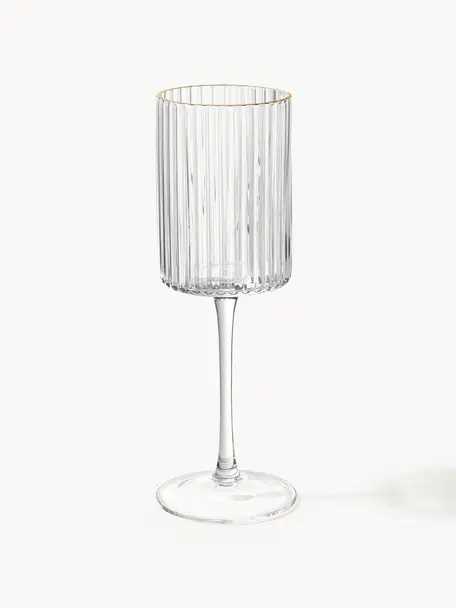 Ručne fúkané poháre na víno Aleo, 4 ks, Sodno-vápenaté sklo, Priehľadná s pozláteným okrajom, Ø 8 x V 22 cm, 330 ml
