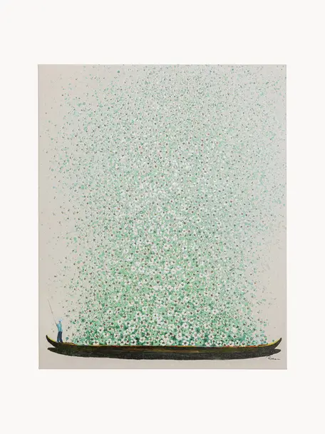 Stampa su tela dipinta a mano Flower Boat, Immagine: stampa digitale con verni, Beige, verde, Larg. 80 x Alt. 100 cm