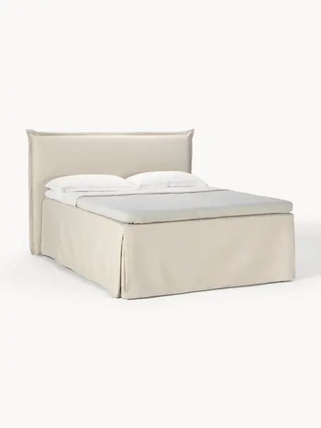 Premium boxspringbed Violet, Poten: massief gelakt berkenhout, Geweven stof lichtbeige, B 140 x L 200 cm, hardheidsgraad H3