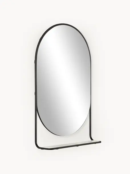 Specchio ovale da parete Verena, Cornice: metallo, Mensola: marmo, Superficie dello specchio: lastra di vetro, Nero, Larg. 60 x Alt. 90 cm