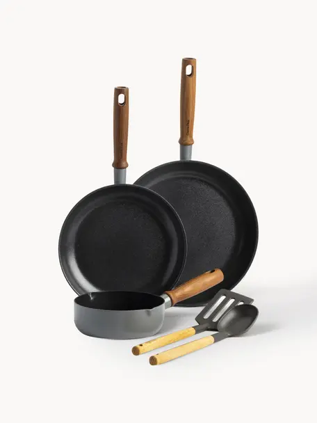 Batería de cocina antiadherente Mayflower Pro, 5 pzas., Gris oscuro, madera oscura, Set de diferentes tamaños