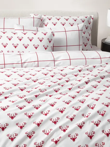Copripiumino reversibile in flanella con motivo invernale Vince, Bianco, rosso, Larg. 200 x Lung. 200 cm