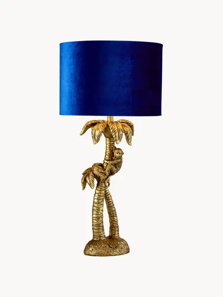 Tafellamp Palmtree met fluwelen lampenkap, Lampenkap: fluweel, Lampvoet: polyresin, Koningsblauw, goudkleurig, Ø 23 x H 47 cm