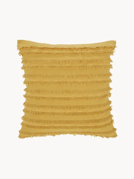 Povlak na polštář s ozdobnými třásněmi Jessie, 88 % bavlna, 7 % viskóza, 5 % len, Hořčicově žlutá, Š 45 cm, D 45 cm