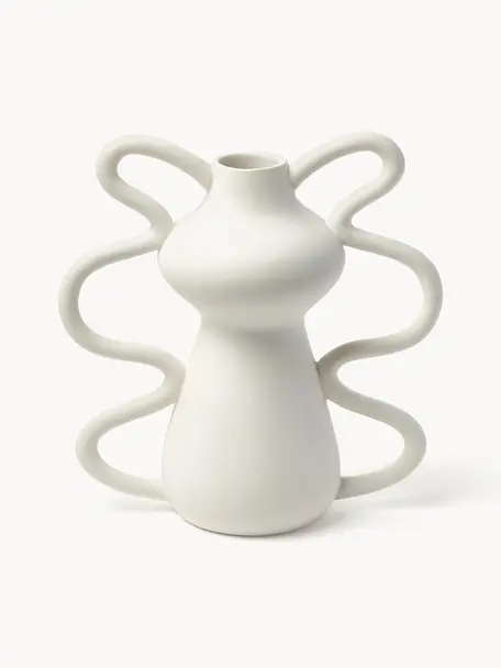 Designová váza v organickém tvaru Luvi, Kamenina, Tlumeně bílá, Ø 6 cm, V 32 cm