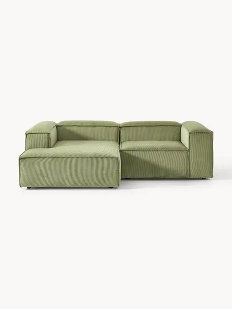 Modulares Ecksofa Lennon aus Cord, Bezug: Cord (92 % Polyester, 8 %, Gestell: Massives Kiefernholz, Spe, Cord Olivgrün, B 238 x T 180 cm, Eckteil links