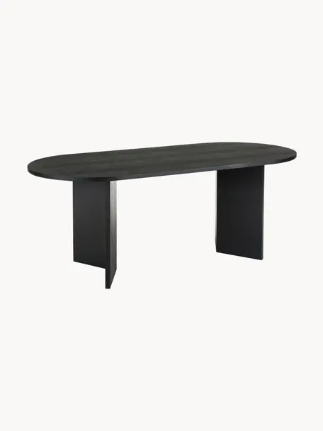 Table ovale en bois Joni, 200 x 90 cm, MDF avec placage en bois de chêne, laqué, Bois de chêne, noir laqué, larg. 200 x prof. 90 cm