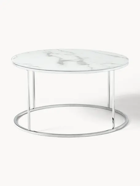Table basse ronde avec plateau en verre aspect marbre Antigua, Blanc aspect marbre, gris chrome, Ø 80 cm