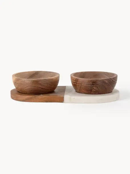 Set de cuencos pequeños con bandeja Izak, 3 pzas., Cuencos: madera de acacia, Bandeja: madera de acacia, mármol, Madera de acacia, blanco veteado, Set de diferentes tamaños