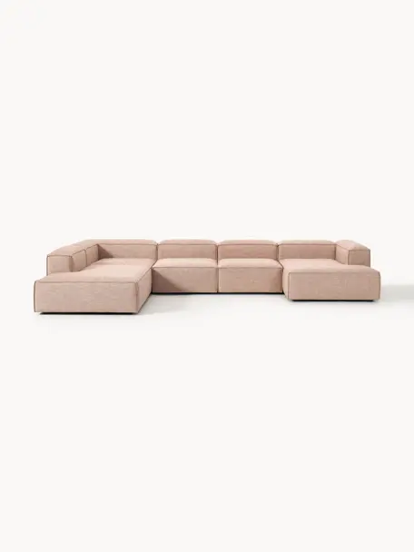 Sofa modułowa z mieszanki lnu Lennon, Tapicerka: 50% wiskoza, 25% len, 15%, Nogi: tworzywo sztuczne Ten pro, Rdzwoczerwona mieszanka lnu, S 418 x G 269 cm, prawostronna