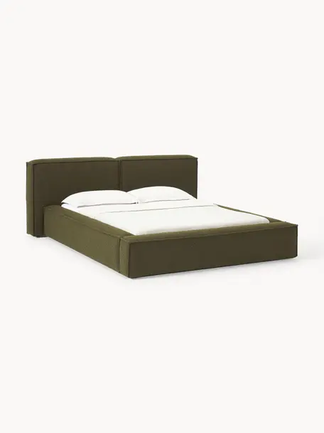 Cama tapizada en tejido bouclé Lennon, con espacio de almacenamiento, Funda: Bouclé (80% poliéster, 20, Estructura: madera de pino maciza con, Patas: madera, plástico Este pro, Bouclé verde oliva, An 208 x L 243 cm (colchón 140 x 200 cm)