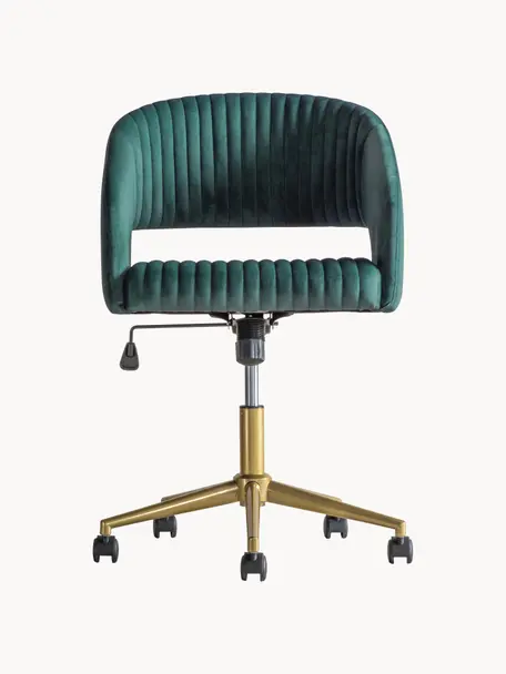 Chaise de bureau pivotante en velours Murray, hauteur ajustable, Velours vert, couleur dorée, larg. 56 x prof. 52 cm