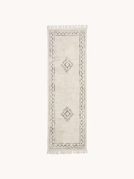 Ručne tkaný bavlnený behúň so strapcami Fionn, Svetlobéžová, čierna, Š 80 x D 250 cm