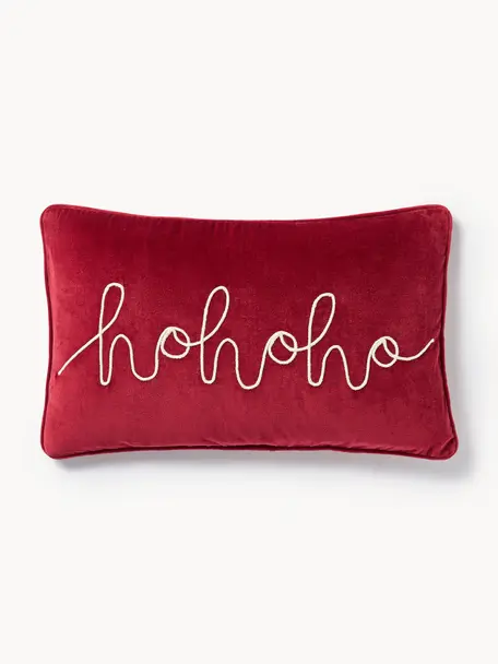 Housse de coussin rectangulaire en velours brodé Hohoho, Velours (100 % coton), Rouge, larg. 30 x long. 50 cm