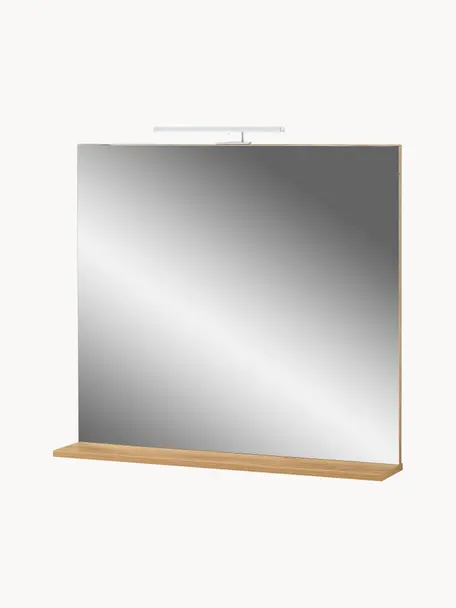 Badspiegel Ricky mit LED-Beleuchtung und Ablage, Spiegelfläche: Spiegelglas, Eichenholz-Optik, B 76 x H 75 cm