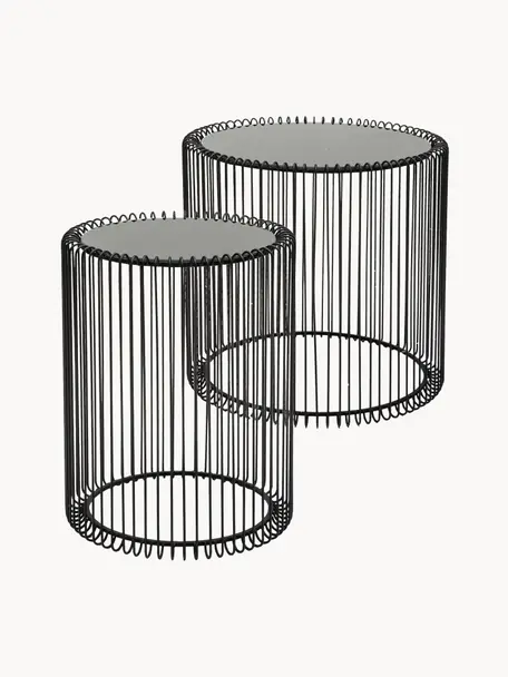 Komplet stolików pomocniczych z metalu ze szklanym blatem Wire, 2 elem., Stelaż: metal malowany proszkowo, Blat: szkło hartowane foliowane, Czarny, Komplet z różnymi rozmiarami
