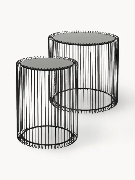 Súprava kovových pomocných stolíkov Wire, 2 diely, čierna, zrkadlové sklo tónovaná čierna, Súprava s rôznymi veľkosťami