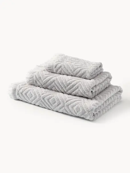 Set de toallas texturizadas Jacqui, 3 uds., Gris claro, Set de 3 (toalla tocador, toalla lavabo y toalla ducha)