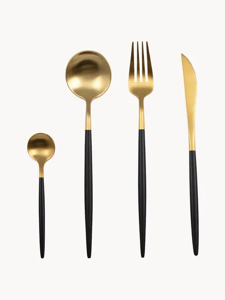 Matt gebürstetes Besteck-Set Faina, 6 Personen (24-tlg.), Edelstahl 18/0, beschichtet, Messingfarben, Schwarz, Set mit verschiedenen Größen