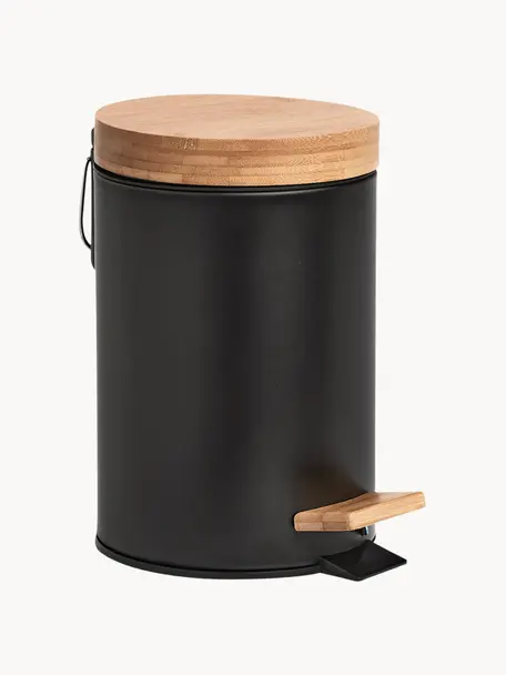 Papelera Tallin, Interior: metal recubierto, Exterior: plástico, Negro, madera clara, 3 L