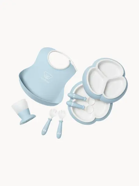 Vaisselle pour enfants avec bavoir Bliss, 8 élém., Plastique, Bleu clair, blanc, Lot de différentes tailles