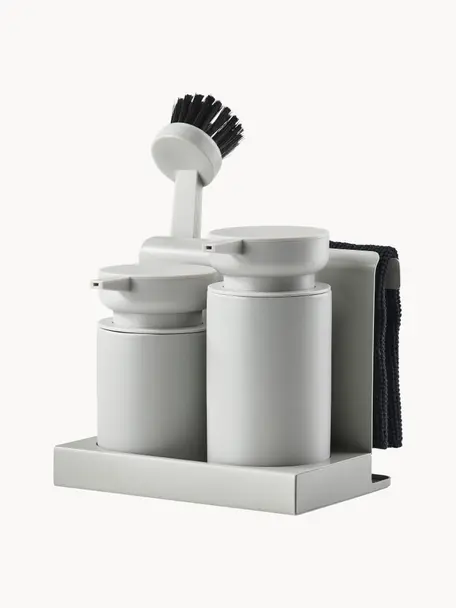 Distributeur de liquide vaisselle avec accessoires Diish, 5 élém., Plastique, grès cérame, Gris clair, larg. 18 x haut. 17 cm