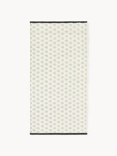 Alfombra de lana artesanal Inar, 67% lana (certificado RWS), 33% algodón 

Las alfombras de lana se pueden aflojar durante las primeras semanas de uso, la pelusa se reduce con el uso diario., Blanco Off White, negro, An 80 x L 150 cm (Tamaño XS)