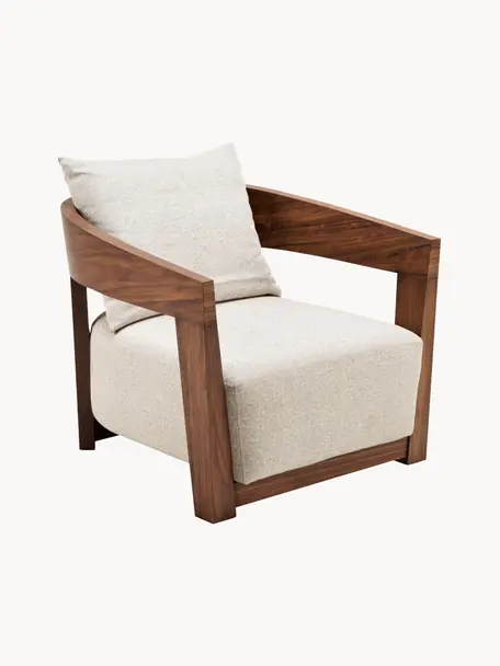 Ręcznie wykonany fotel z drewna Rubautelli, Tapicerka: 58% poliester, 42% olefin, Stelaż: płyta pilśniowa średniej , Beżowa tkanina, S 74 x G 80 cm