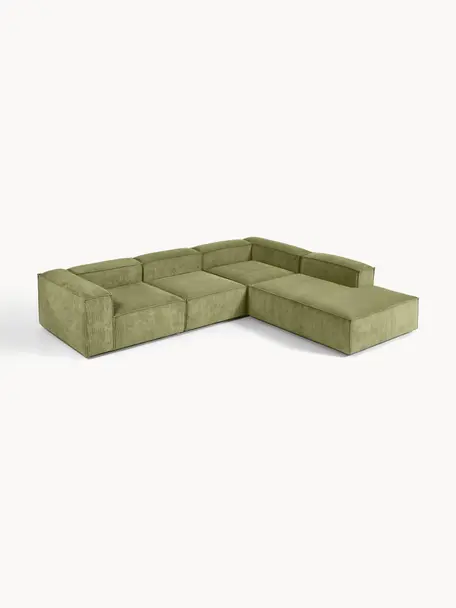 Sofá rinconera modular grande de pana Lennon, Tapizado: pana (92% poliéster, 8% p, Estructura: madera de pino maciza, ma, Patas: plástico Este producto es, Pana verde oscuro, An 329 x F 269 cm, chaise longue derecha