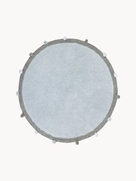Handgeweven kindervloerkleed Pompom, Bovenzijde: 97% katoen, 3% kunstvezel, Onderzijde: 100% katoen, Lichtblauw, grijs, Ø 120 cm (maat S)