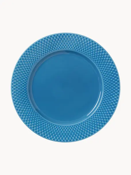 Platos llanos artesanales de porcelana Rhombe, 4 uds., Porcelana, Azul, Ø 27 cm