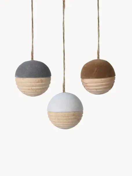 Adornos navideños de madera Maggie, 3 uds., Tablero de fibras de densidad media (MDF), Madera, gris oscuro, marrón, blanco, Ø 6 x Al 6 cm