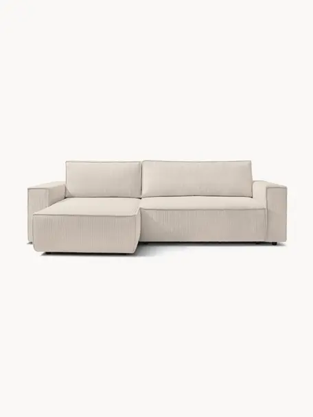 Divano letto angolare 4 posti in velluto a coste con contenitore Nihad, Rivestimento: corda di poliestere, Sottostruttura: legno, molle Nosag, Piedini: plastica, Tessuto beige, nero, Larg. 282 x Prof. 153 cm