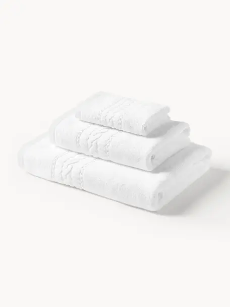 Lot de serviettes de bain Cordelia, 3 élém., Blanc, 3 éléments (1 serviette invité, 1 serviette de toilette et 1 drap de bain)