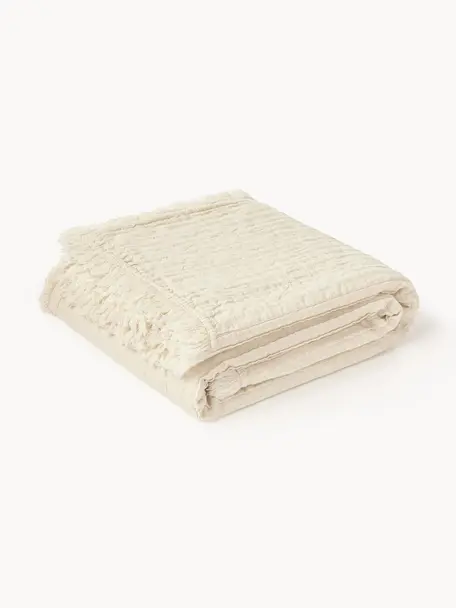 Manta de algodón con plisado y flecos Artemis, 99% algodón, 1% poliéster, Blanco crema, An 140 x L 170 cm