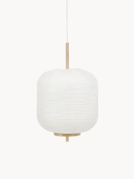 Lámpara de techo de diseño Misaki, Pantalla: papel de arroz, Anclaje: metal con pintura en polv, Cable: cubierto en tela, Blanco, madera clara, Ø 35 x Al 63 cm
