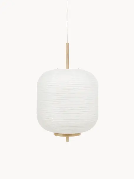 Lámpara de techo de diseño Misaki, Pantalla: papel de arroz, Anclaje: metal con pintura en polv, Cable: cubierto en tela, Blanco, madera clara, Ø 35 x Al 63 cm